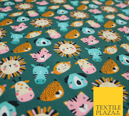Teal Cartoon Sleepy Animals Lion Tiger Monkey Cats Koala 100% Cotton Fabric 7346