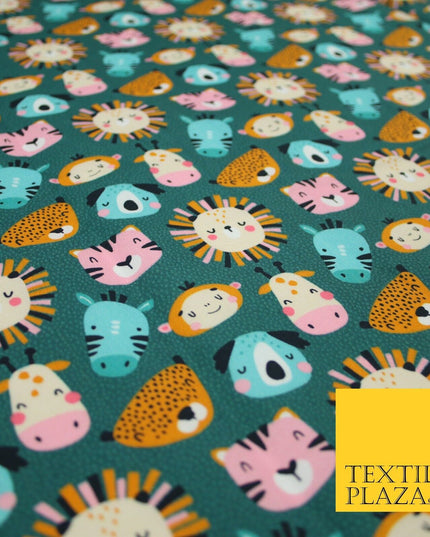 Teal Cartoon Sleepy Animals Lion Tiger Monkey Cats Koala 100% Cotton Fabric 7346