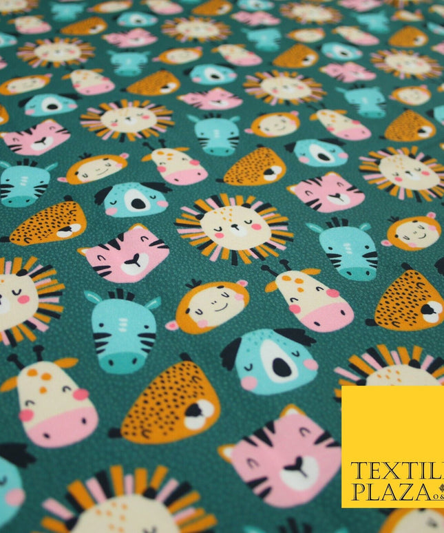 Teal Cartoon Sleepy Animals Lion Tiger Monkey Cats Koala 100% Cotton Fabric 7346