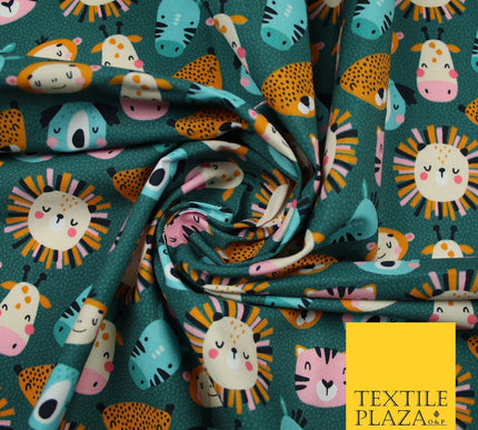Teal Cartoon Sleepy Animals Lion Tiger Monkey Cats Koala 100% Cotton Fabric 7346