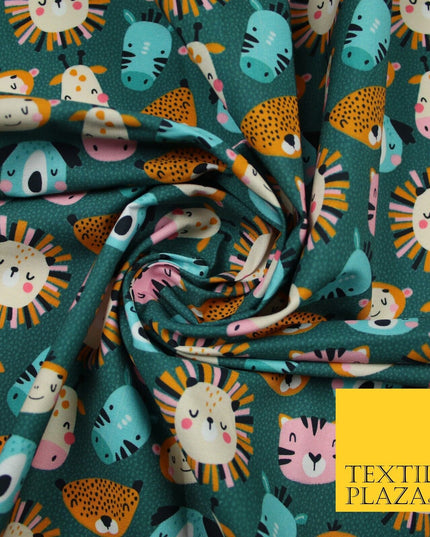 Teal Cartoon Sleepy Animals Lion Tiger Monkey Cats Koala 100% Cotton Fabric 7346