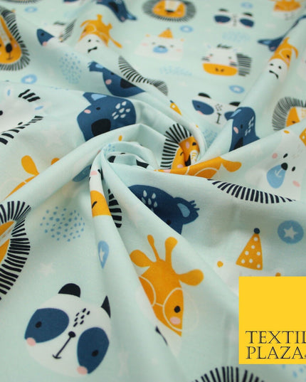 Light Blue Cartoon Party Animal Lion Panda Giraffe Koala 100% Cotton Fabric 7345