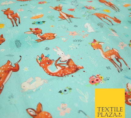 Aqua Blue Cute Floral Roe Deers & Bunny Rabbits Printed 100% Cotton Fabric 7358