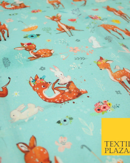 Aqua Blue Cute Floral Roe Deers & Bunny Rabbits Printed 100% Cotton Fabric 7358
