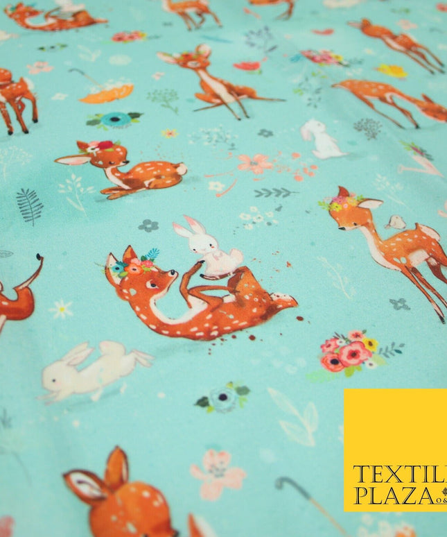 Aqua Blue Cute Floral Roe Deers & Bunny Rabbits Printed 100% Cotton Fabric 7358
