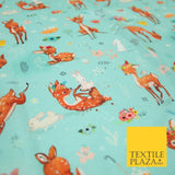 Aqua Blue Cute Floral Roe Deers & Bunny Rabbits Printed 100% Cotton Fabric 7358