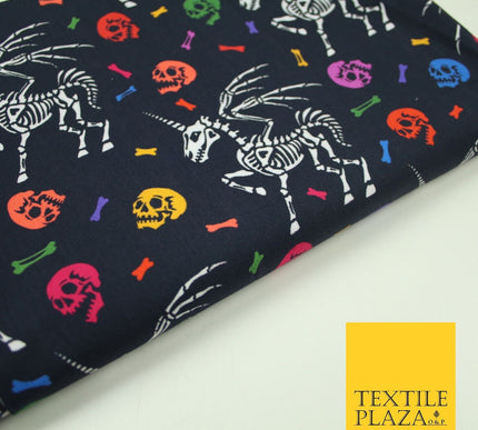 Black Unicorn Skeleton Skulls Colourful Bones Halloween 100% Cotton Fabric 7348