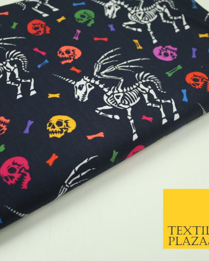 Black Unicorn Skeleton Skulls Colourful Bones Halloween 100% Cotton Fabric 7348