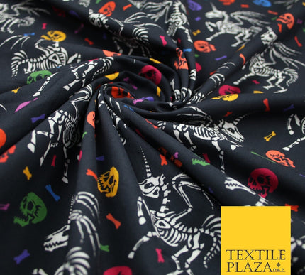 Black Unicorn Skeleton Skulls Colourful Bones Halloween 100% Cotton Fabric 7348