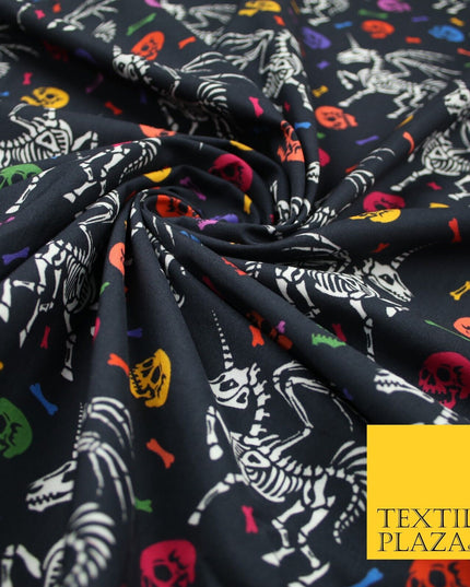 Black Unicorn Skeleton Skulls Colourful Bones Halloween 100% Cotton Fabric 7348