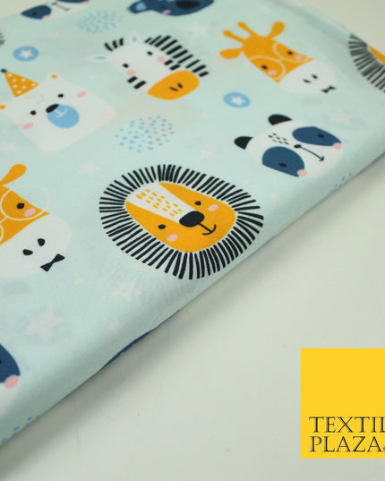 Light Blue Cartoon Party Animal Lion Panda Giraffe Koala 100% Cotton Fabric 7345