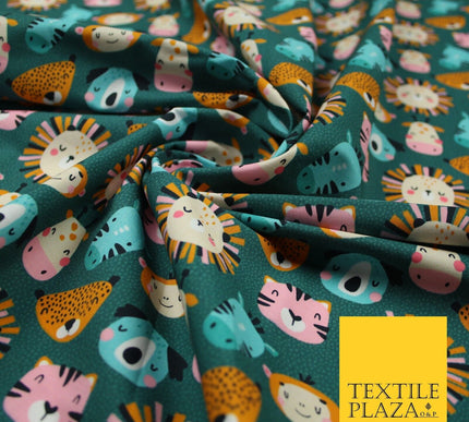 Teal Cartoon Sleepy Animals Lion Tiger Monkey Cats Koala 100% Cotton Fabric 7346