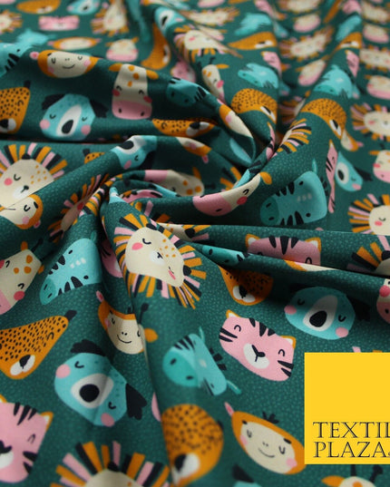 Teal Cartoon Sleepy Animals Lion Tiger Monkey Cats Koala 100% Cotton Fabric 7346