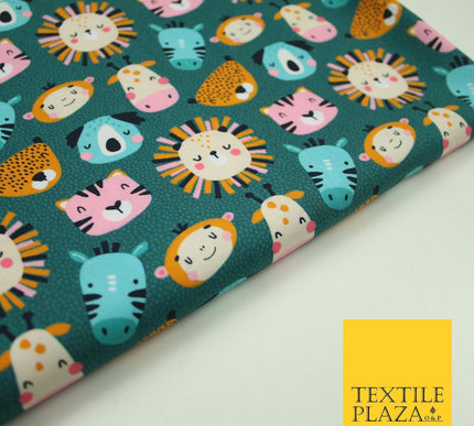 Teal Cartoon Sleepy Animals Lion Tiger Monkey Cats Koala 100% Cotton Fabric 7346
