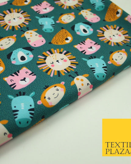 Teal Cartoon Sleepy Animals Lion Tiger Monkey Cats Koala 100% Cotton Fabric 7346