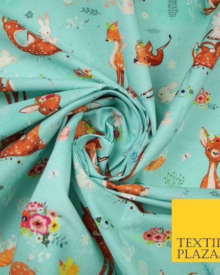 Aqua Blue Cute Floral Roe Deers & Bunny Rabbits Printed 100% Cotton Fabric 7358