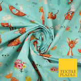 Aqua Blue Cute Floral Roe Deers & Bunny Rabbits Printed 100% Cotton Fabric 7358