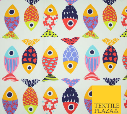 White Colourful Quirky Patchwork Abstract Patterned Fish 100% Cotton Fabric 7344