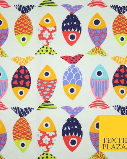 White Colourful Quirky Patchwork Abstract Patterned Fish 100% Cotton Fabric 7344