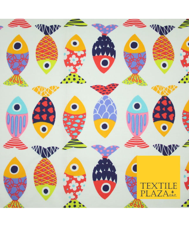 White Colourful Quirky Patchwork Abstract Patterned Fish 100% Cotton Fabric 7344