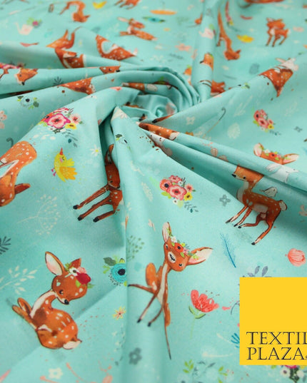 Aqua Blue Cute Floral Roe Deers & Bunny Rabbits Printed 100% Cotton Fabric 7358
