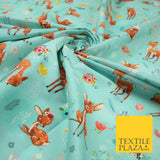 Aqua Blue Cute Floral Roe Deers & Bunny Rabbits Printed 100% Cotton Fabric 7358