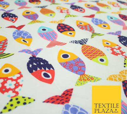White Colourful Quirky Patchwork Abstract Patterned Fish 100% Cotton Fabric 7344