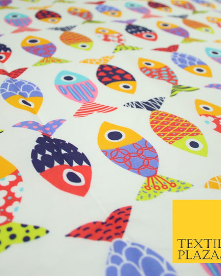White Colourful Quirky Patchwork Abstract Patterned Fish 100% Cotton Fabric 7344