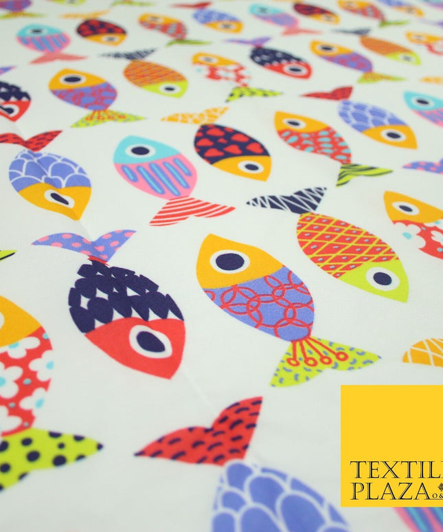 White Colourful Quirky Patchwork Abstract Patterned Fish 100% Cotton Fabric 7344