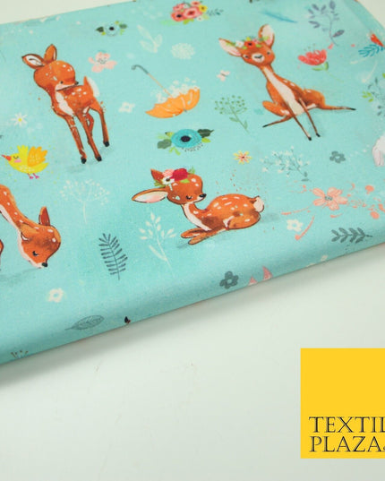 Aqua Blue Cute Floral Roe Deers & Bunny Rabbits Printed 100% Cotton Fabric 7358