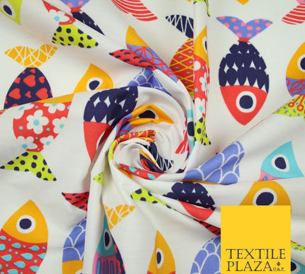 White Colourful Quirky Patchwork Abstract Patterned Fish 100% Cotton Fabric 7344