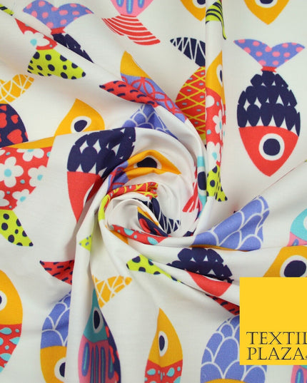 White Colourful Quirky Patchwork Abstract Patterned Fish 100% Cotton Fabric 7344