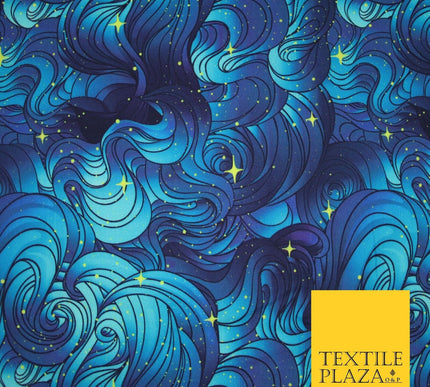 Deep Blue Swirl Starry Night Sky Abstract Printed 100% Cotton Fabric 7343