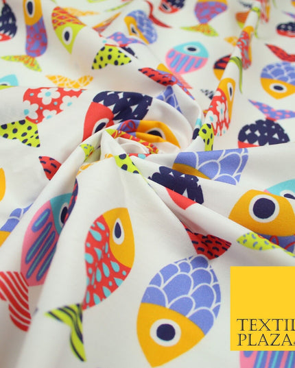 White Colourful Quirky Patchwork Abstract Patterned Fish 100% Cotton Fabric 7344