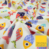 White Colourful Quirky Patchwork Abstract Patterned Fish 100% Cotton Fabric 7344