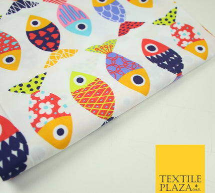 White Colourful Quirky Patchwork Abstract Patterned Fish 100% Cotton Fabric 7344