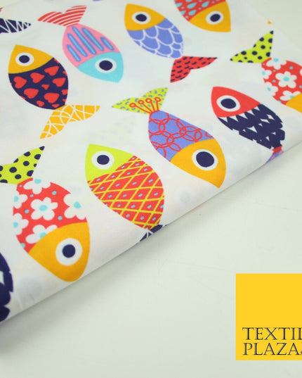 White Colourful Quirky Patchwork Abstract Patterned Fish 100% Cotton Fabric 7344