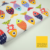 White Colourful Quirky Patchwork Abstract Patterned Fish 100% Cotton Fabric 7344