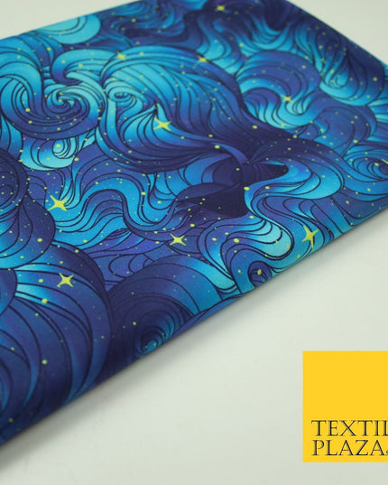Deep Blue Swirl Starry Night Sky Abstract Printed 100% Cotton Fabric 7343