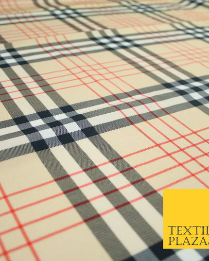 Beige Red Black Classic Tartan Check Designer Printed 100% Cotton Fabric 7340