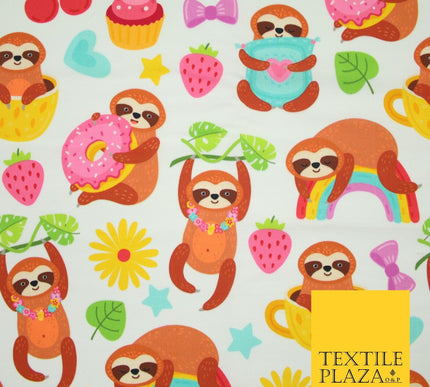 Playful Summer Cheeky Sloth Tea Party Rainbow Printed 100% Cotton Fabric 7341