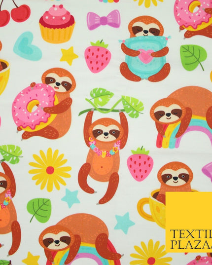 Playful Summer Cheeky Sloth Tea Party Rainbow Printed 100% Cotton Fabric 7341
