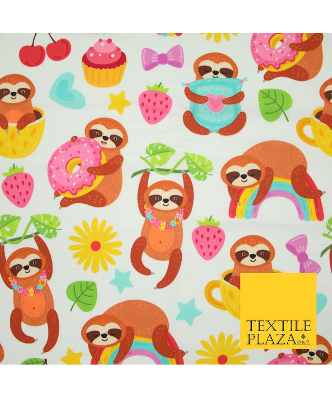 Playful Summer Cheeky Sloth Tea Party Rainbow Printed 100% Cotton Fabric 7341