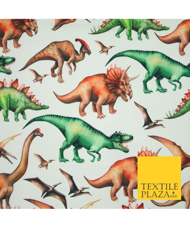 White Wild T Rex Jurassic Dinosaurs Dino Colour Printed 100% Cotton Fabric 7342