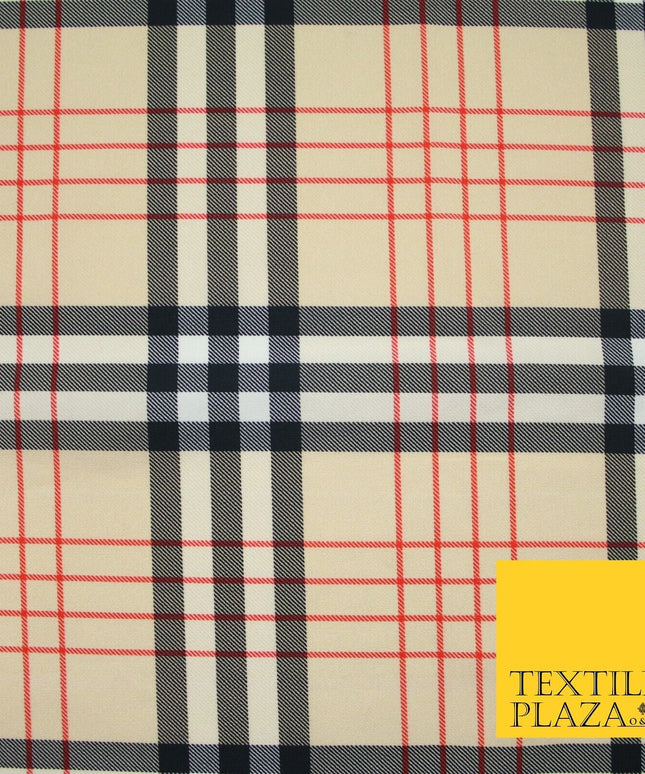 Beige Red Black Classic Tartan Check Designer Printed 100% Cotton Fabric 7340