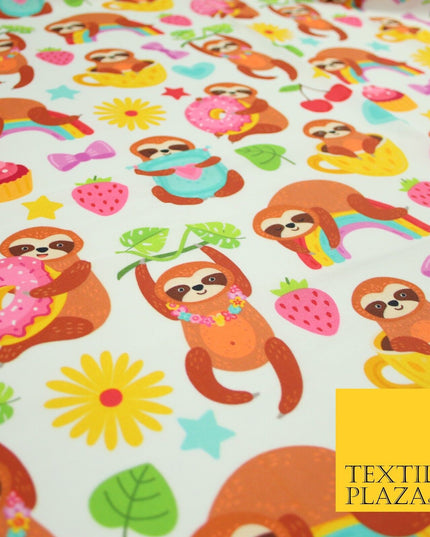 Playful Summer Cheeky Sloth Tea Party Rainbow Printed 100% Cotton Fabric 7341
