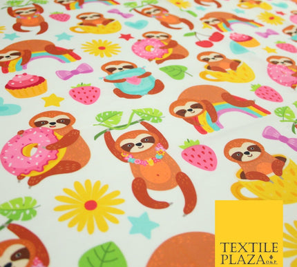 Playful Summer Cheeky Sloth Tea Party Rainbow Printed 100% Cotton Fabric 7341