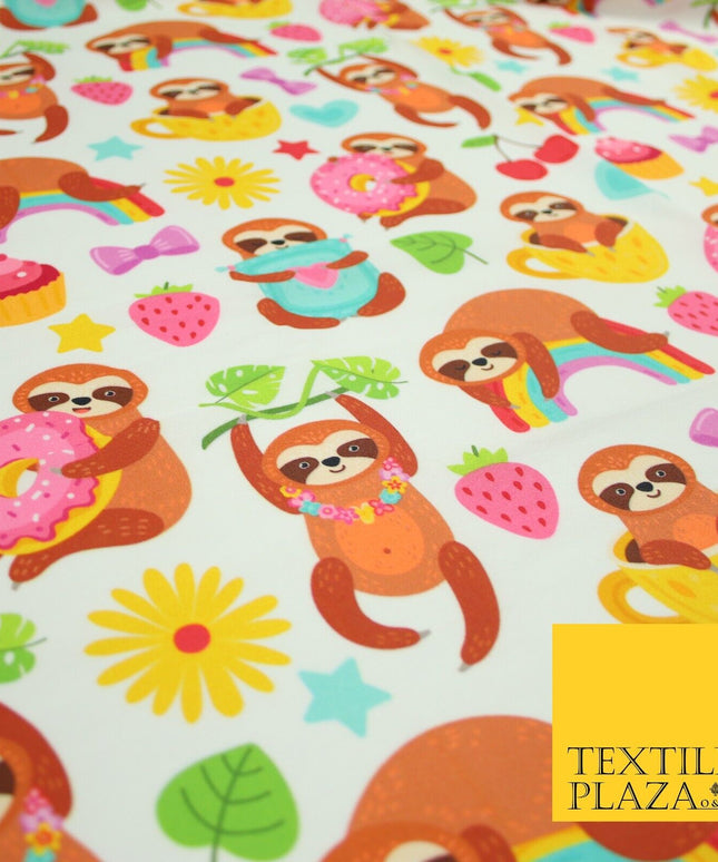 Playful Summer Cheeky Sloth Tea Party Rainbow Printed 100% Cotton Fabric 7341