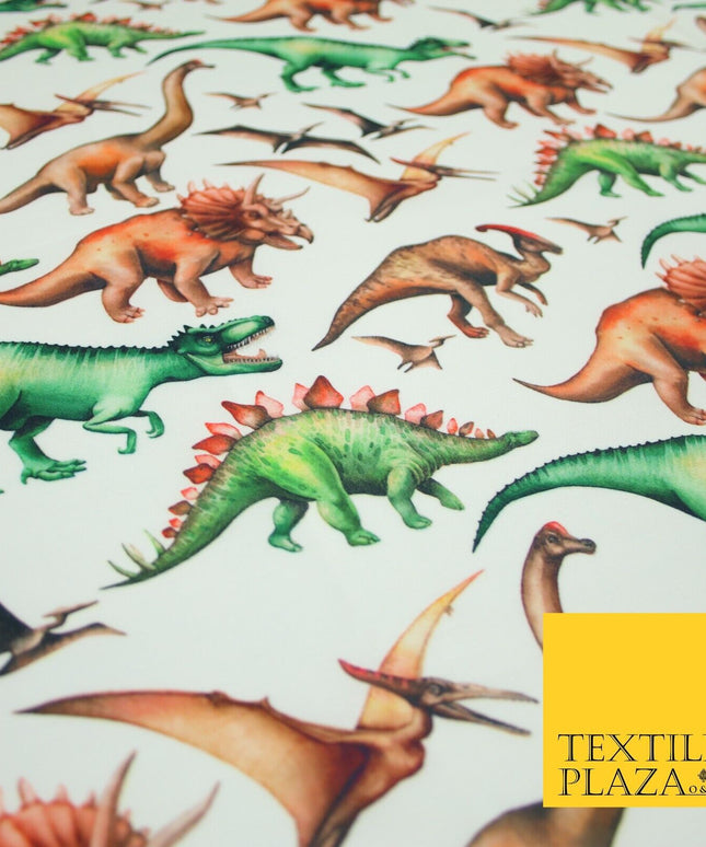 White Wild T Rex Jurassic Dinosaurs Dino Colour Printed 100% Cotton Fabric 7342