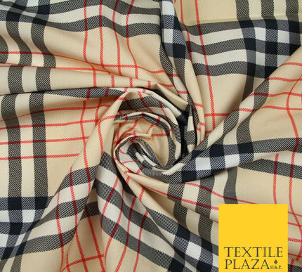 Beige Red Black Classic Tartan Check Designer Printed 100% Cotton Fabric 7340